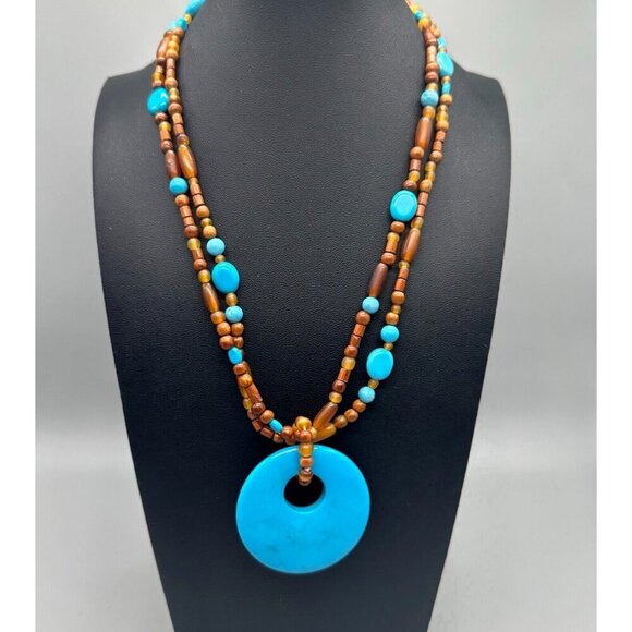 3/$30 Stone Pendant Necklace Blue Brown Beaded Natural Earthy Boho 20 in - Picture 2 of 13
